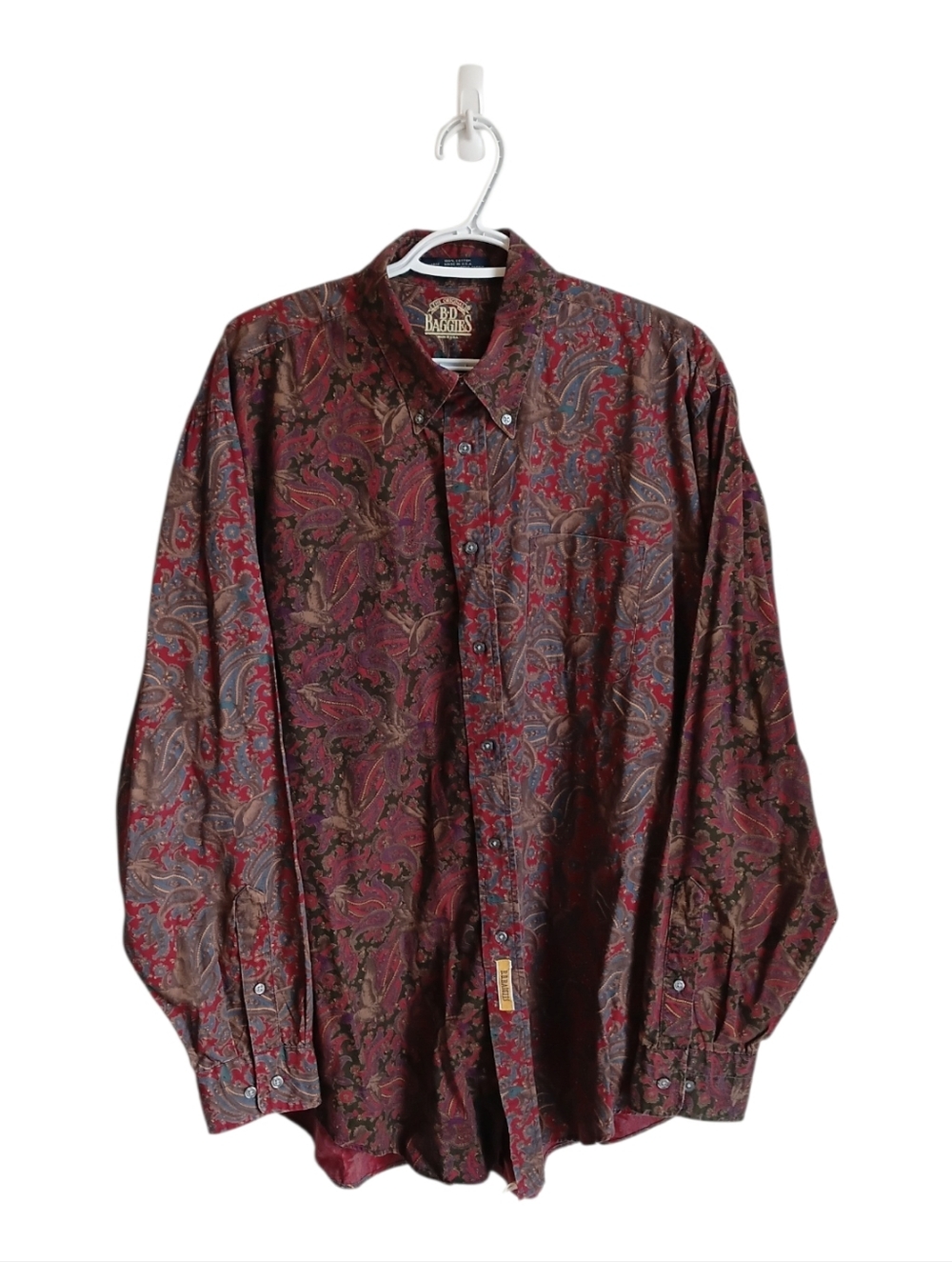 Vintage Bd Baggies Men’s Burgundy Paisley Button-Down Shirt XL  Colour Block